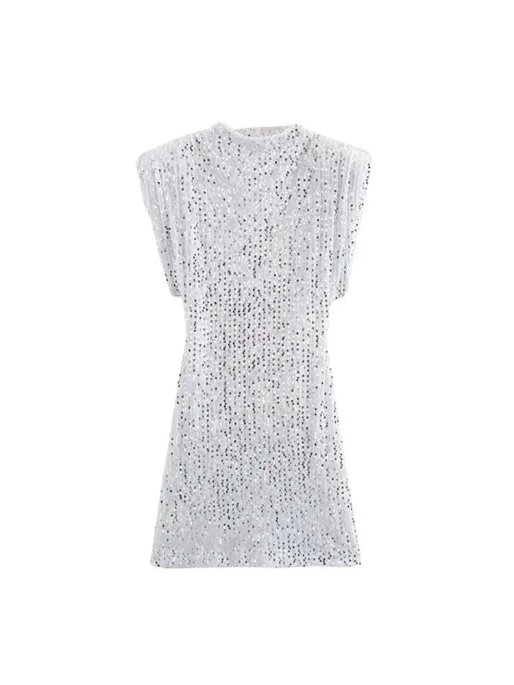 Sequined Mini Dress With Shoulder Pads O Neck Sleeveless