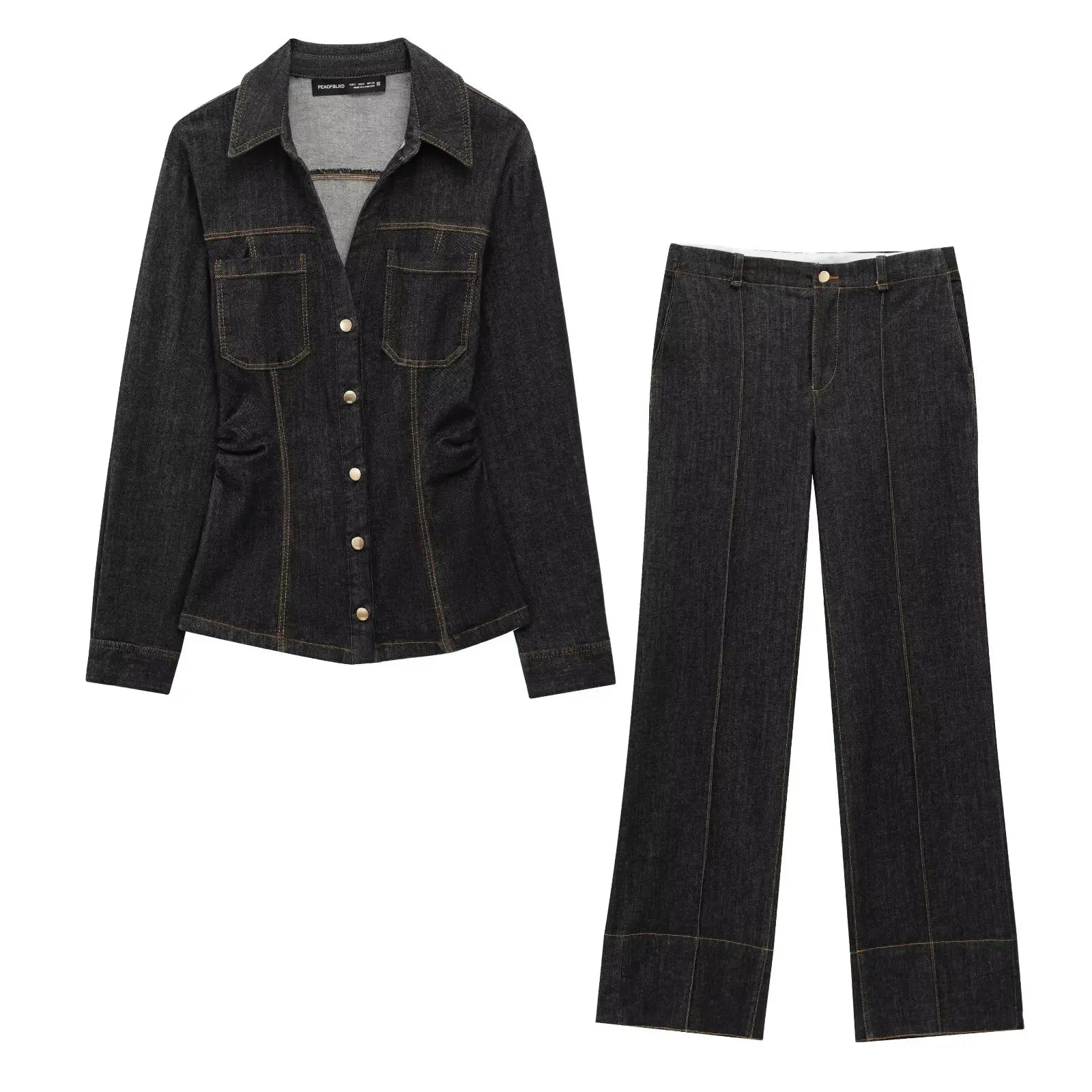 Women Black Denim Pants Set with Fitted Shirt and Patch Pockets Straight Leg Jeans Suit