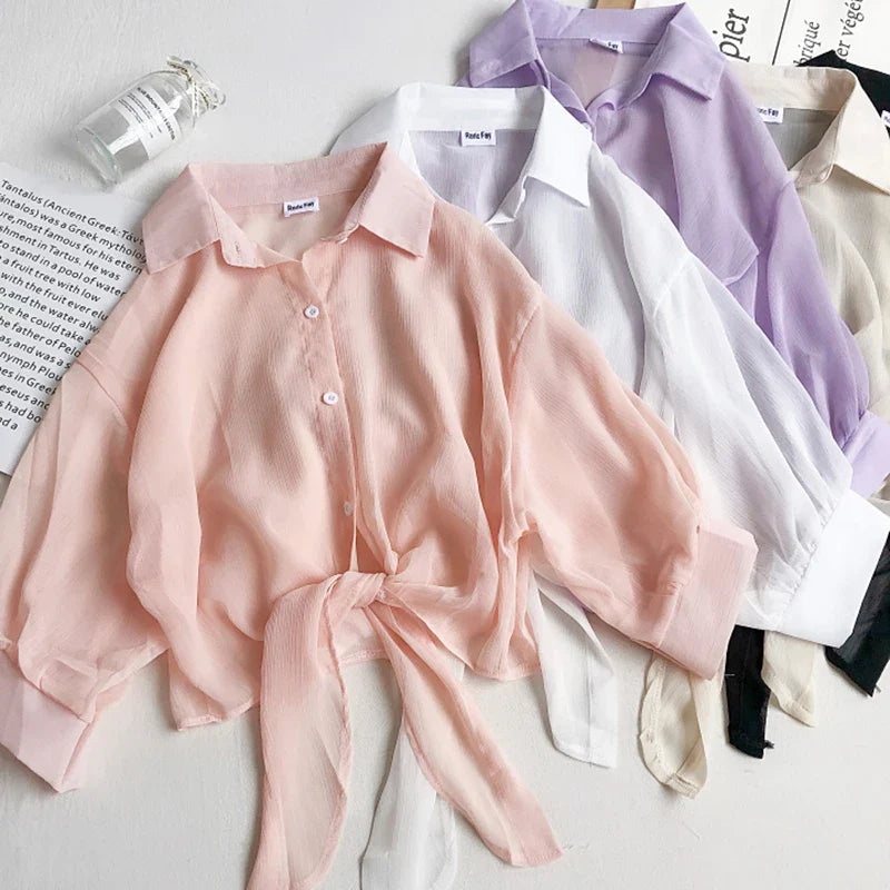 Women Buttoned Up Chiffon Blouse Tied Waist Crop Top Office Lady Shirt Thin and Lightweight