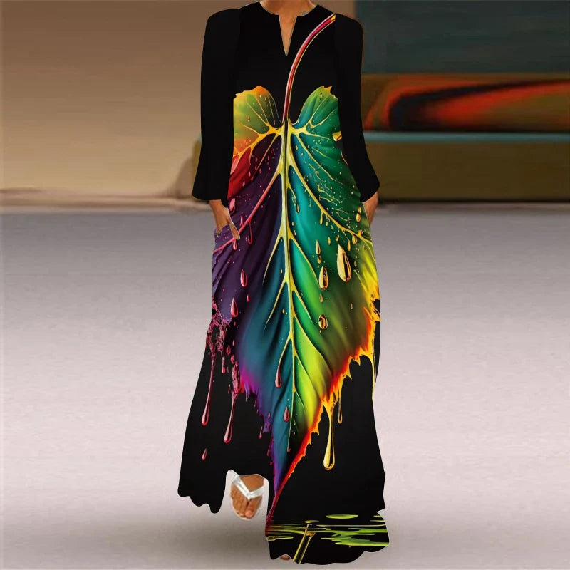 V Neck Long Sleeve Printed Dress With Pocket For Women