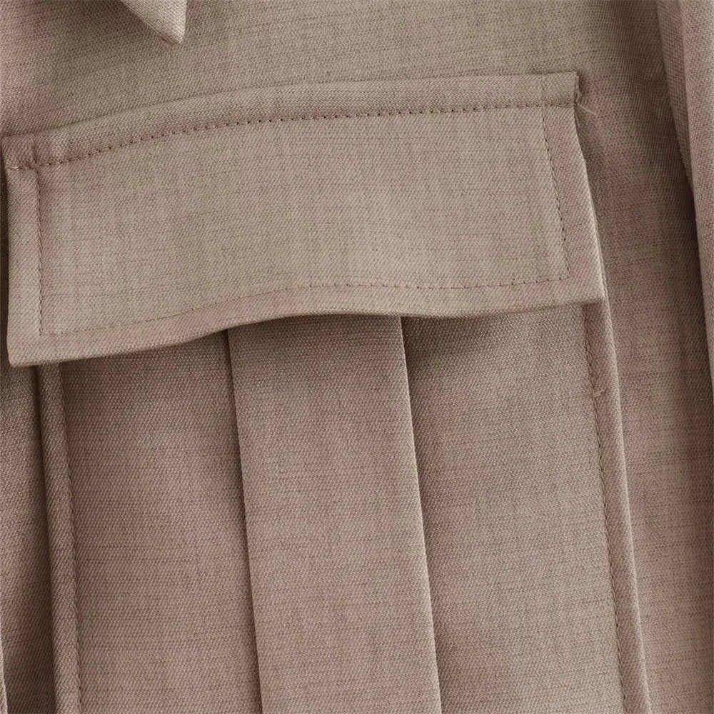 Women's Fashion Casual Double Pocket Coat and High Waist Wide Leg Pants Set