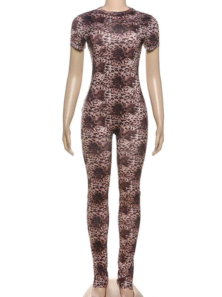 Women Leopard Print Backless Hollow Jumpsuit Sleeveless Short Sleeve Summer Workout Overalls with Peach Buttocks Design