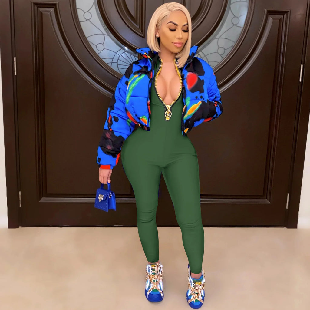 Women's Bodycon One-Piece Jumpsuit with Long Sleeves and Large Front Zipper Casual Sporty Skinny Workout Overalls Top