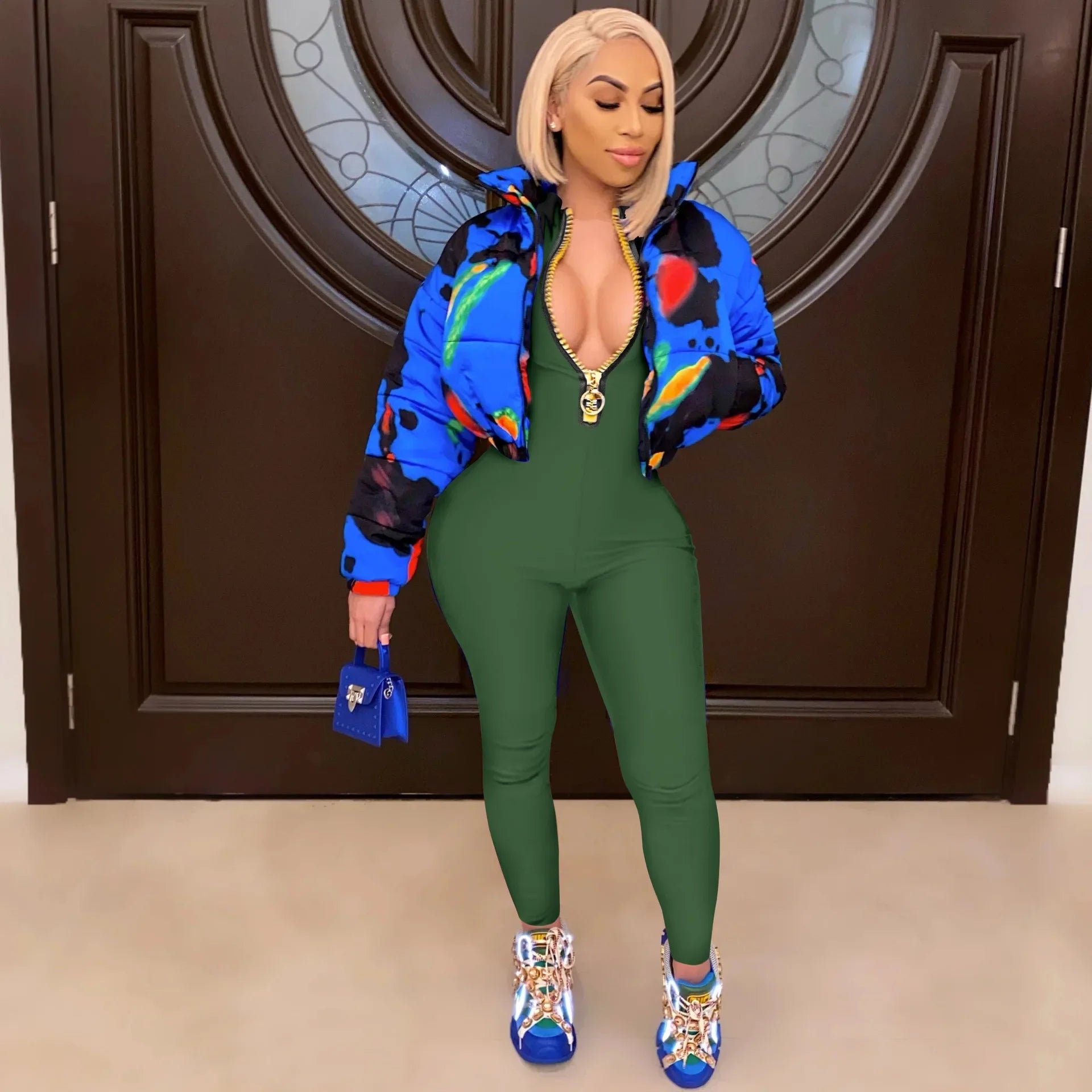 Women's Bodycon One-Piece Jumpsuit with Long Sleeves and Large Front Zipper Casual Sporty Skinny Workout Overalls Top