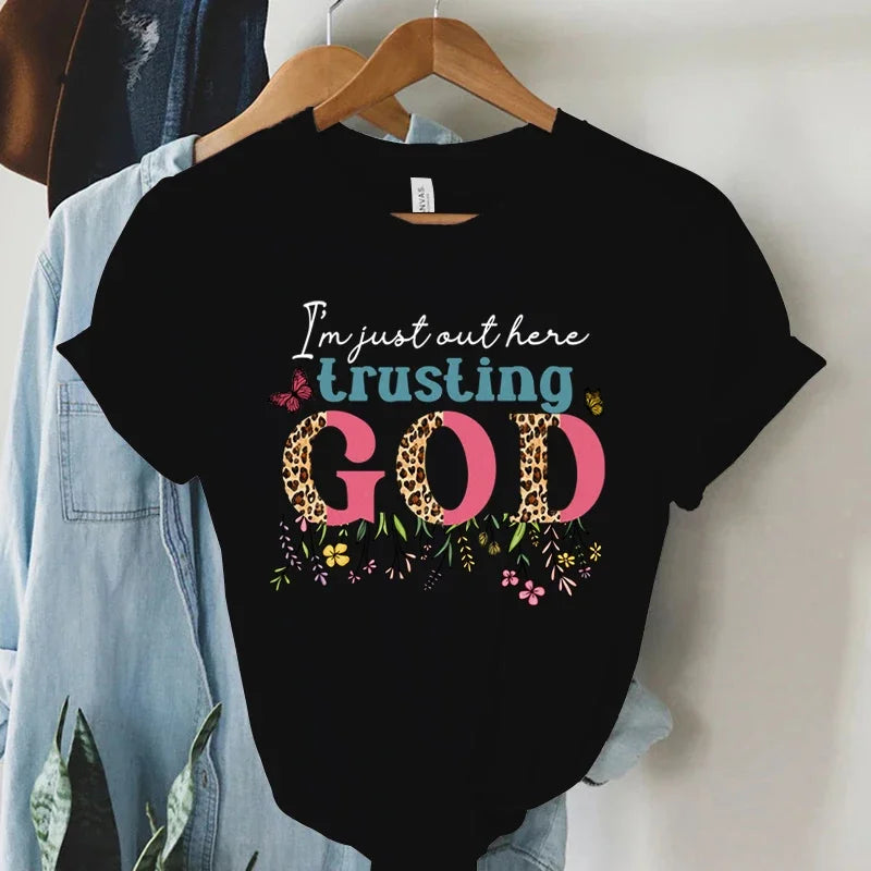 Vintage Christian Trusting God Print T Shirt for Women Short Sleeve Faith Summer Tee