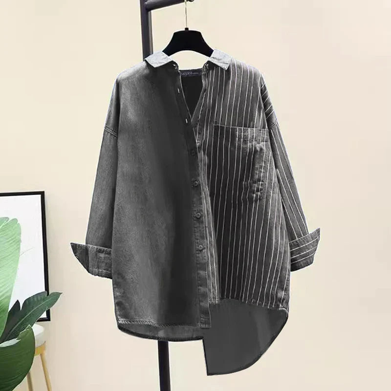Women's Striped Patchwork Long Sleeve Shirt Casual Loose Blouse with Front Pocket and Shirt Collar Oversized Work and Everyday Wear Top