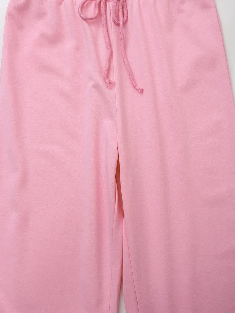 Women's Solid Casual Trouser Set with Short Sleeve T-Shirt and Elastic Waist Wide Leg Pants