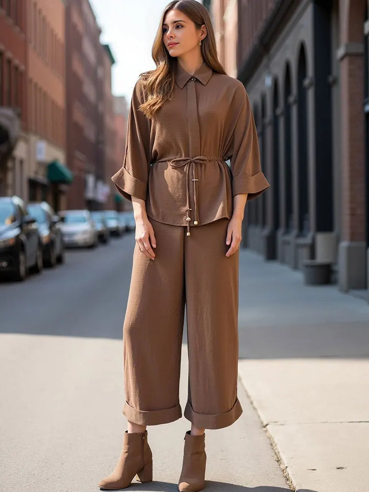 High Waist Casual Trousers and Long Sleeve Shirt Set for Women with Retro Lapel and Drawstring Waist