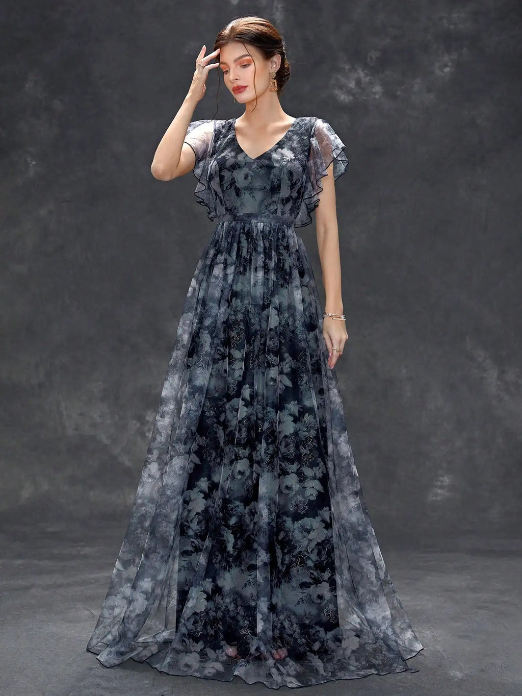 V Neck Lace Patchwork Evening Gown With Ruffled Sleeves