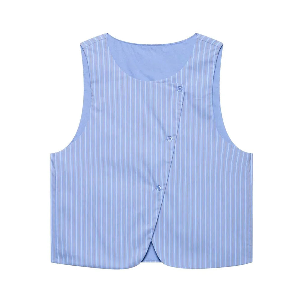 Womens Light Blue Pinstripe Suit Set with Sleeveless Asymmetric Vest and Wide Leg Pants for Stylish Office Attire