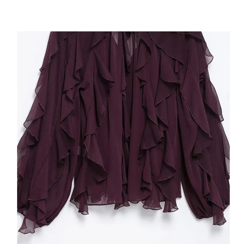 Loose Fit Burgundy Mesh Ruffle Shirt with Flutter Sleeves and Stacked Decorative Design for Women