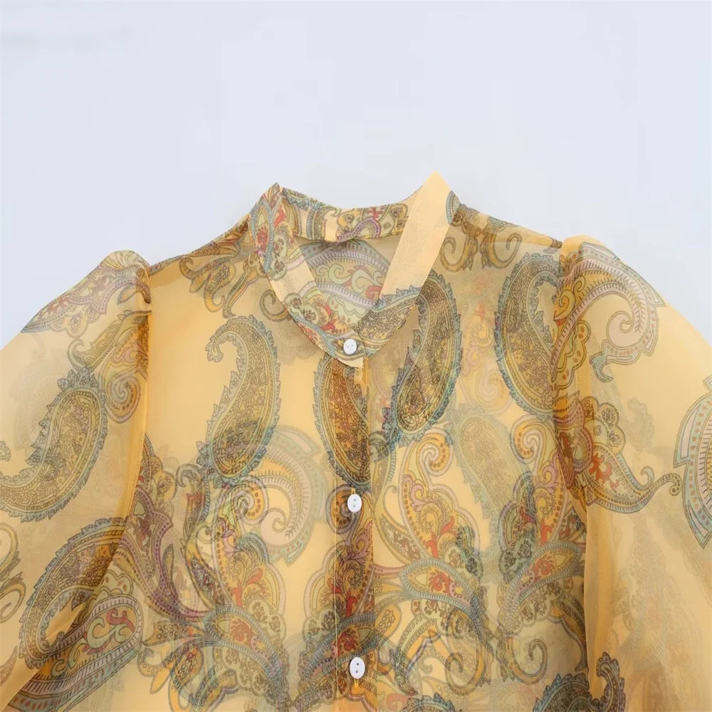 Womens Sheer Chiffon Blouse with High Neckline Puff Long Sleeves and Paisley Print Button Front Design