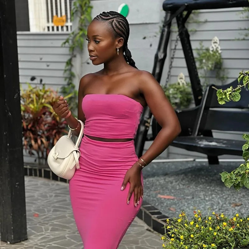 Solid Color Sleeveless Tube Top with High Waist Slim Long Skirt Set for Women Summer Chic Fashion