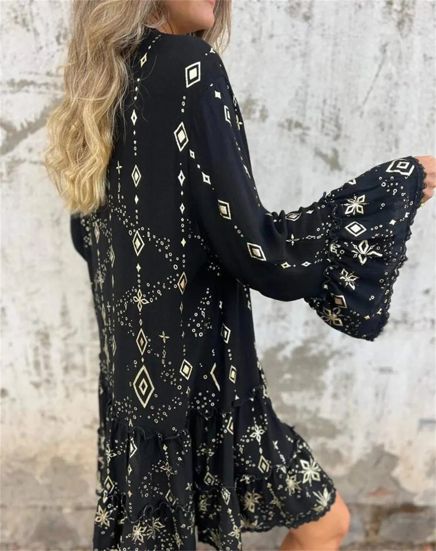 Gold Embossed Lace Sleeve Hollow Out Dress For Women