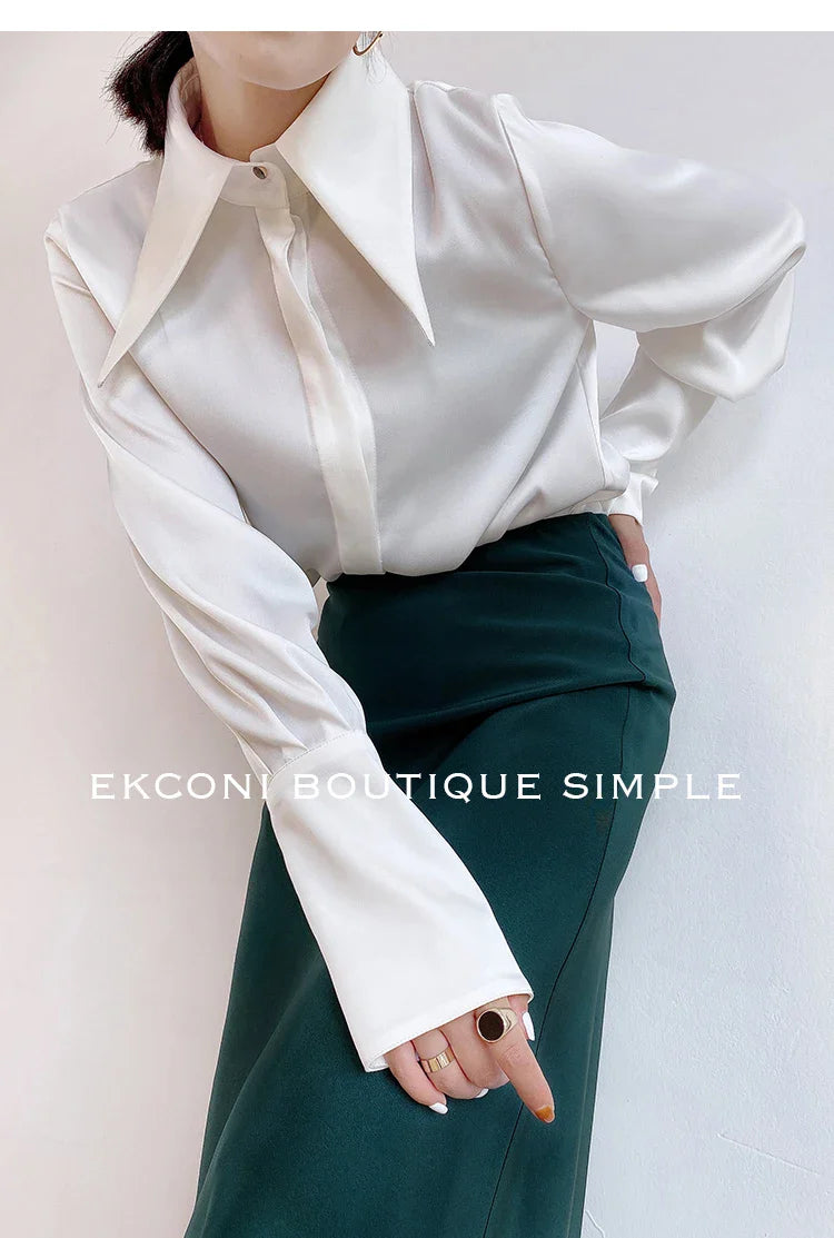 Elegant Turn Down Collar Satin Silk Blouse Vintage Button Closure White Lantern Sleeve Office Lady Shirt Chic Feminine Top
