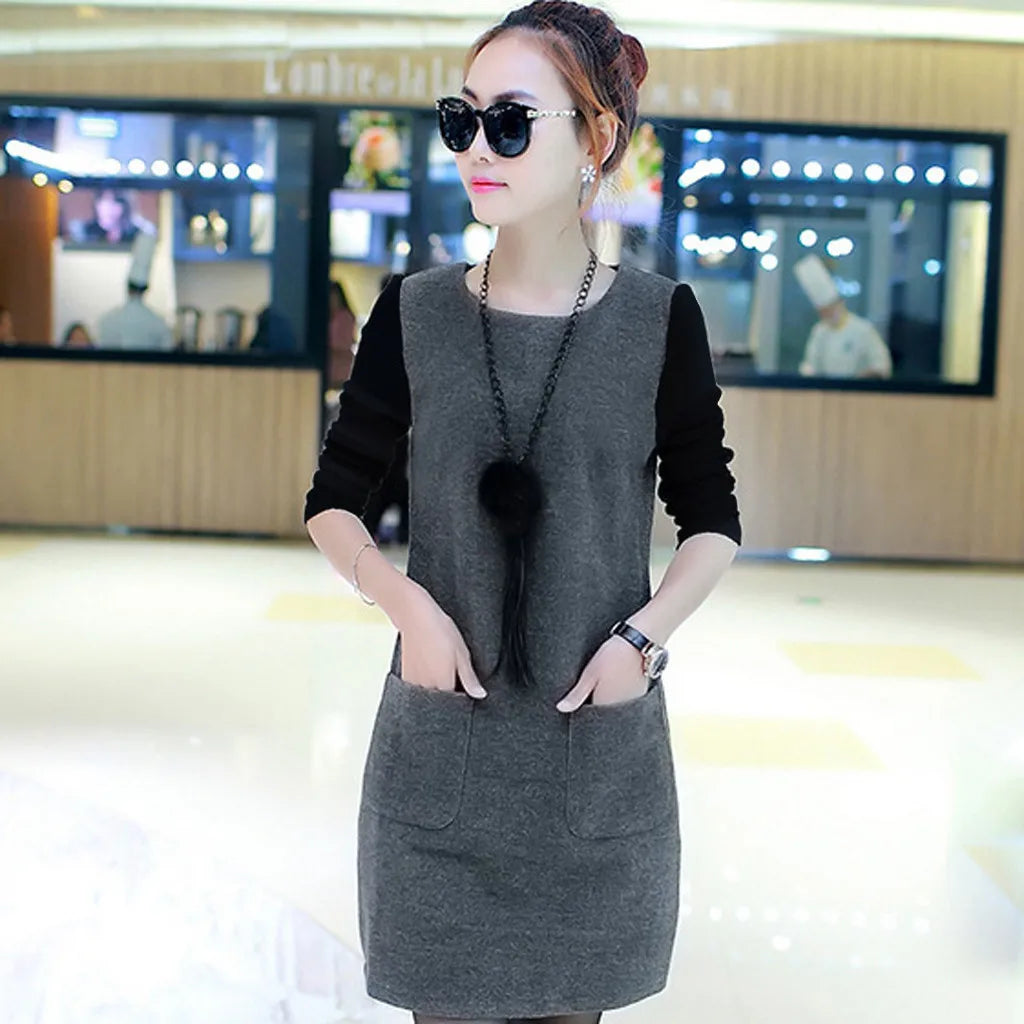 Women Velvet Padded Sweatshirt Dress With Pocket Detail