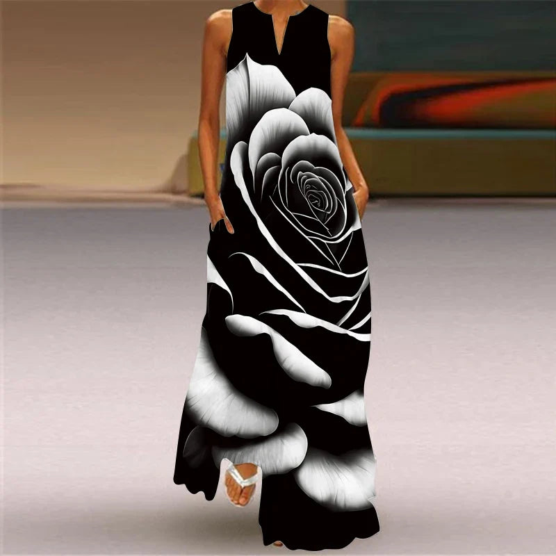 V Neck Sleeveless Printed Maxi Dress For Women Summer Style