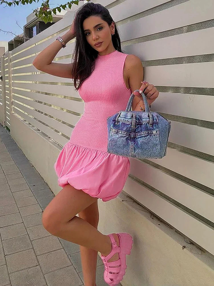 Ribbed Sleeveless Patchwork Bubble Backless Minidress