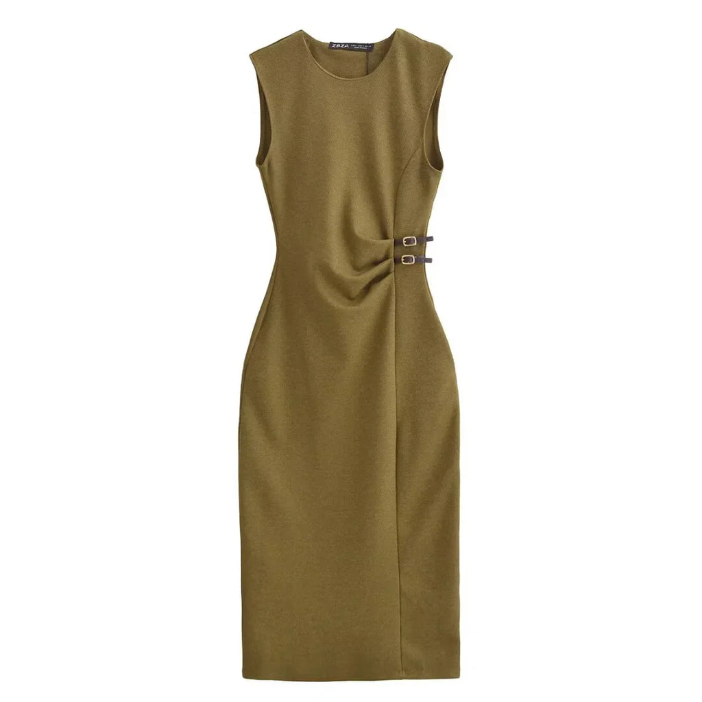 Twill Sleeveless Round Neck Midi Dress For Women Chic Style