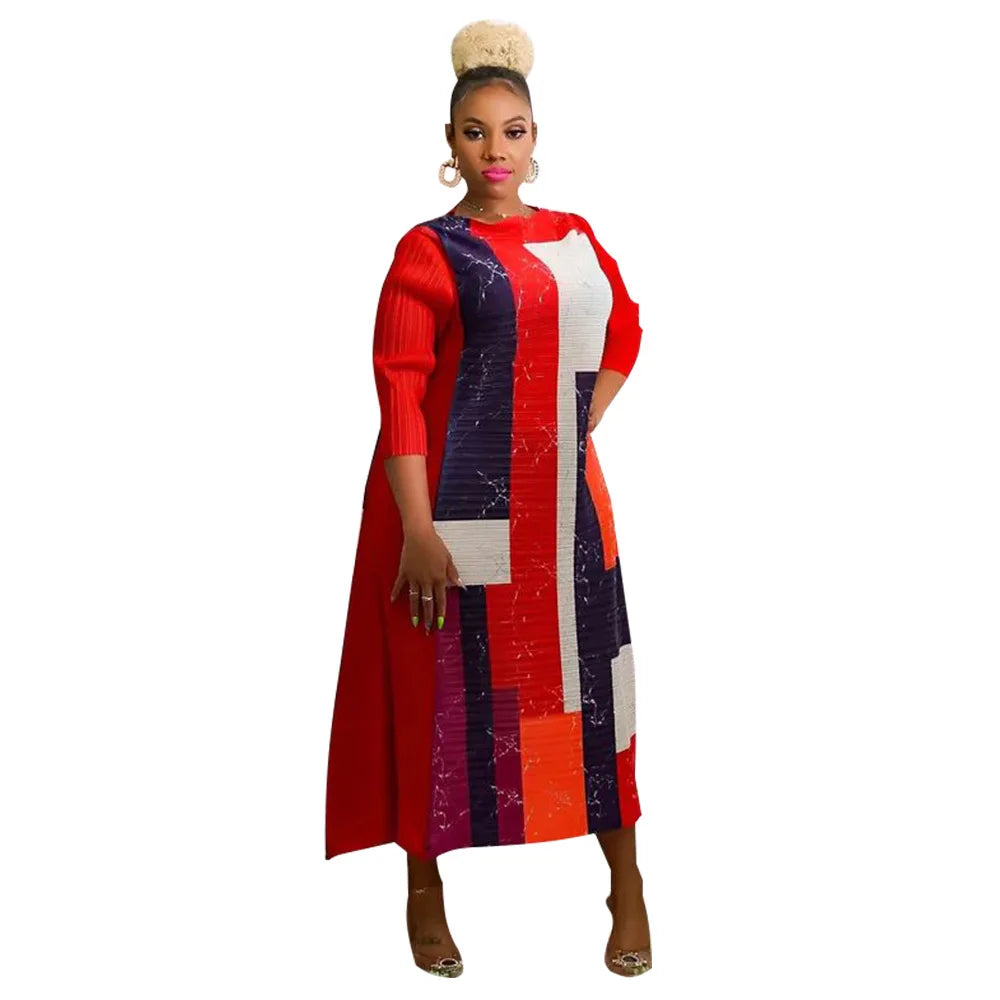 Leaf Print Pleated Boho Maxi Dress for Women Casual Beach