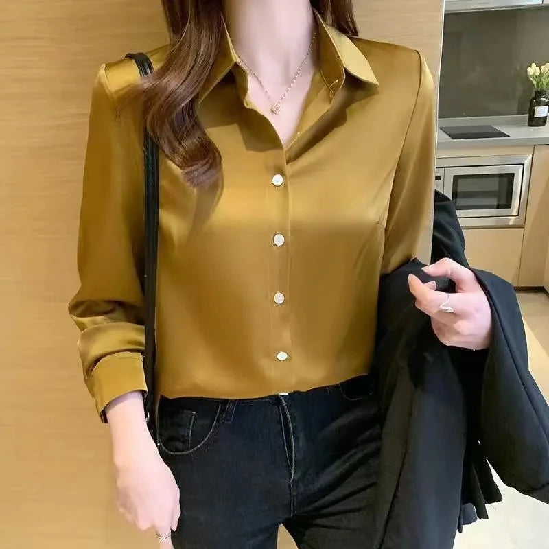 Elegant Satin Long Sleeve Women's Shirt Slim Fit Casual Office Blouse Stylish Autumn Top