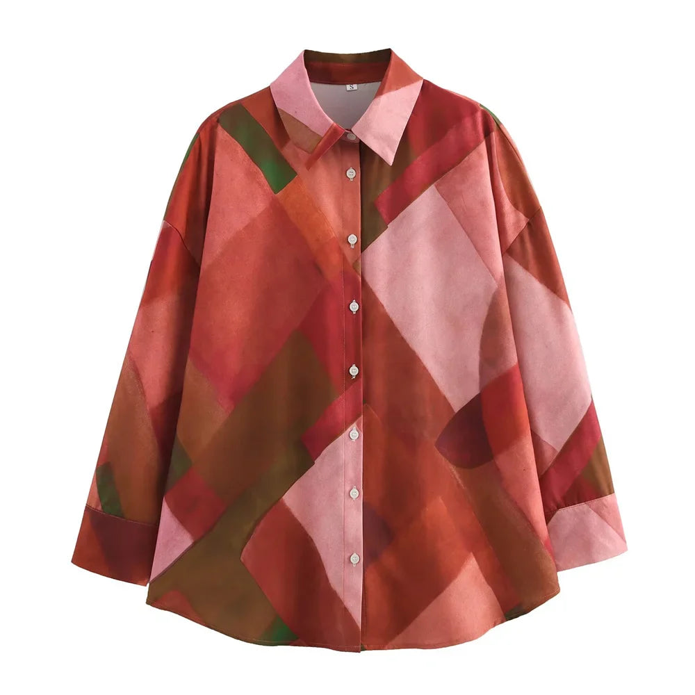 Spring Collar Long Sleeve Single Breasted Women's Casual Shirt with Geometric Print and Silk Texture