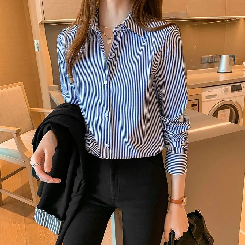 Women's Casual Long Sleeve Blouse Blue Striped Turn-Down Collar Lightweight Shirt for Spring and Summer