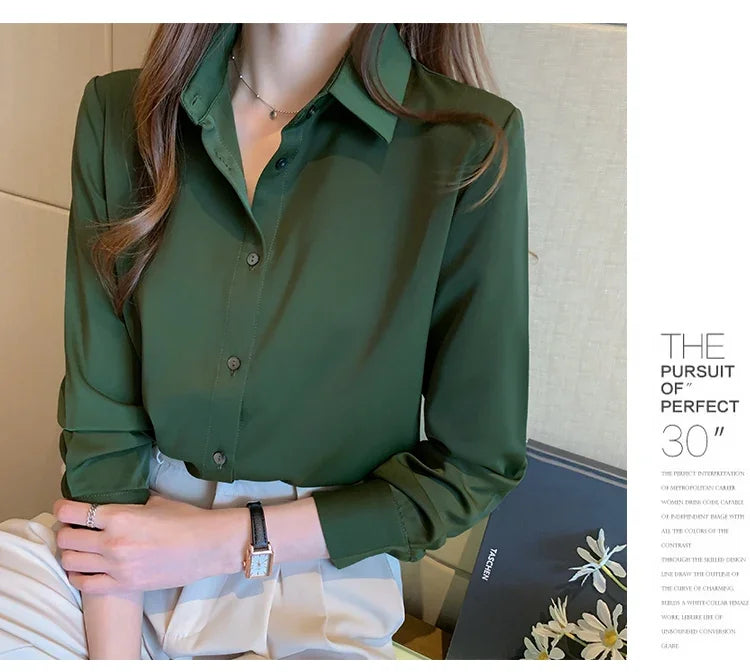 Elegant Satin Long Sleeve Blouse for Women Casual Office Shirt Solid White Basic Top