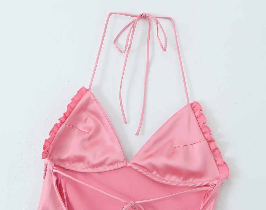 Sexy Satin Backless Suspender Dress Solid Color Glamour