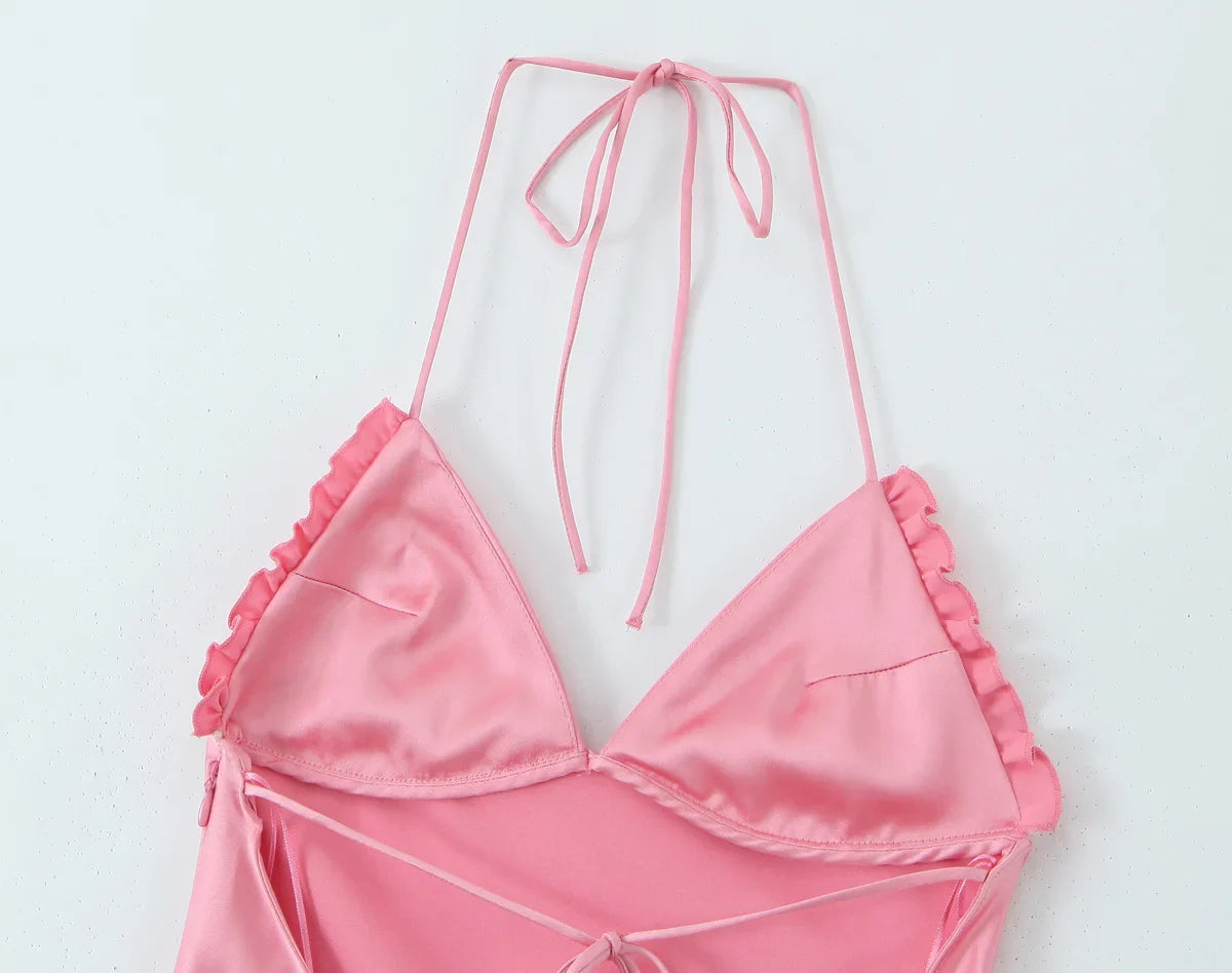 Sexy Satin Backless Suspender Dress Solid Color Glamour