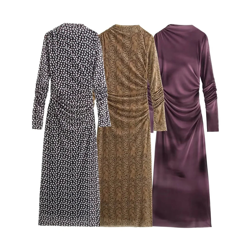 Long Sleeve Polka Dot Maxi Dress With Ruched Details