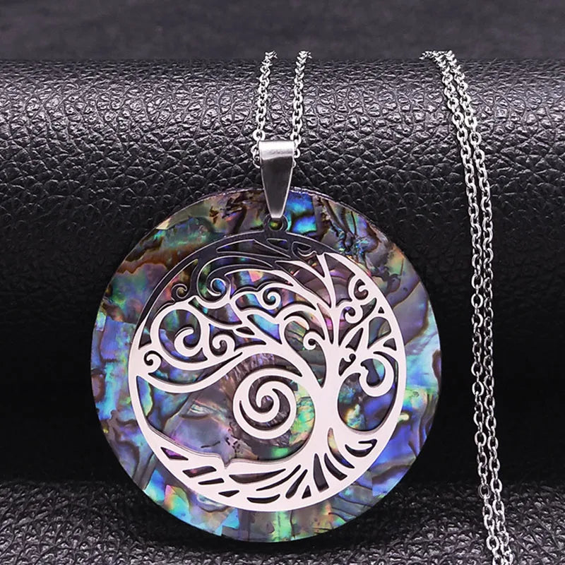 Tree of Life Abalone Shell Necklace Gold Color Stainless Steel Boho Jewelry for Weddings and Special Occasions
