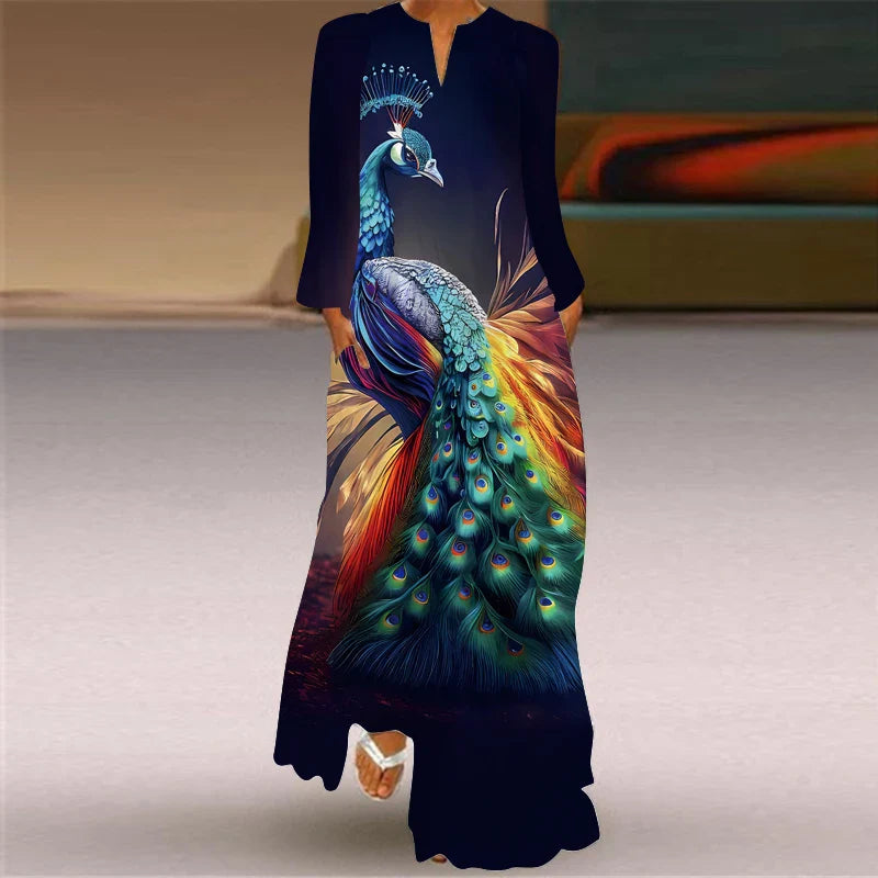 V Neck Long Sleeve Printed Dress With Pocket For Women