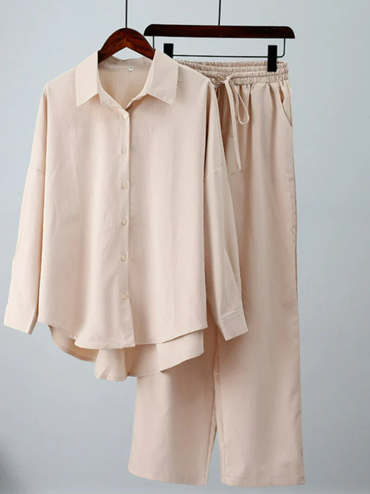 Summer Casual Outfits for Women Loose Long Sleeve Shirt and Wide Leg Pants Two Piece Set