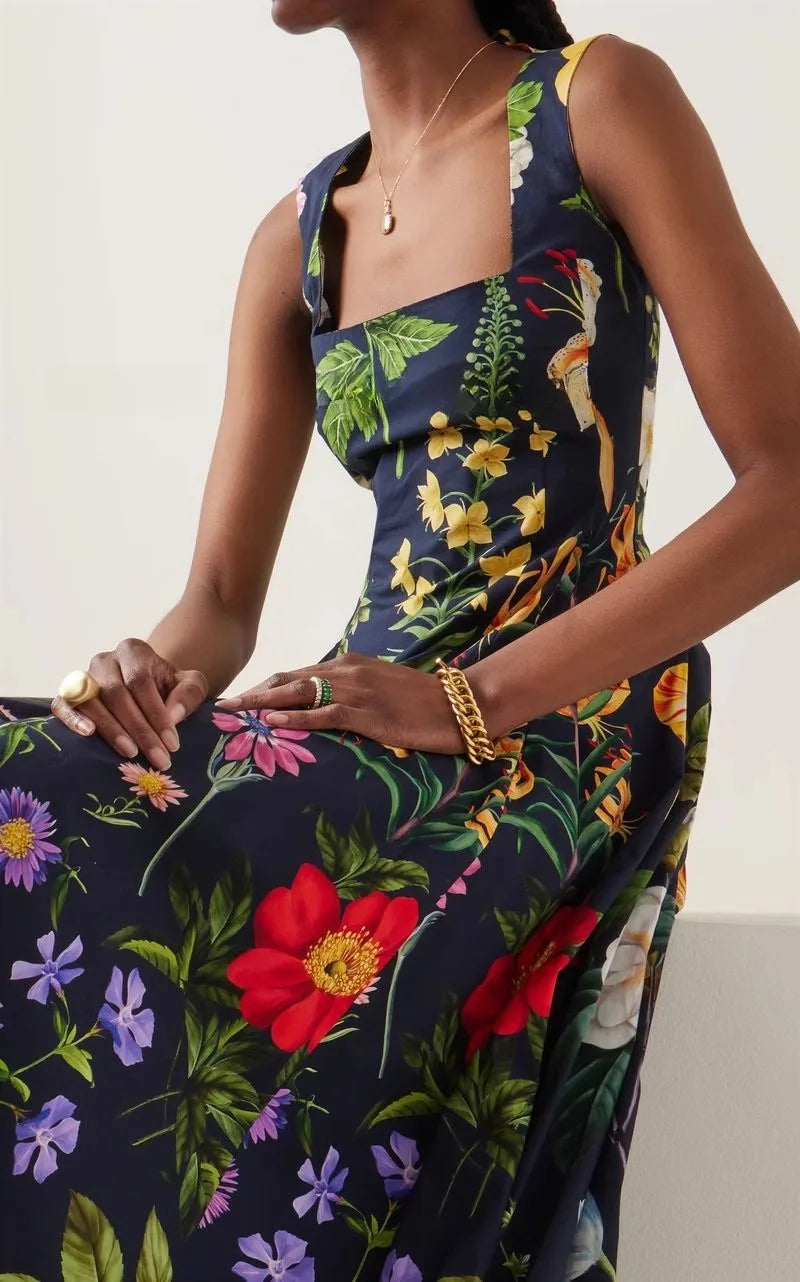 Womens Floral Print Backless Dress With Square Collar