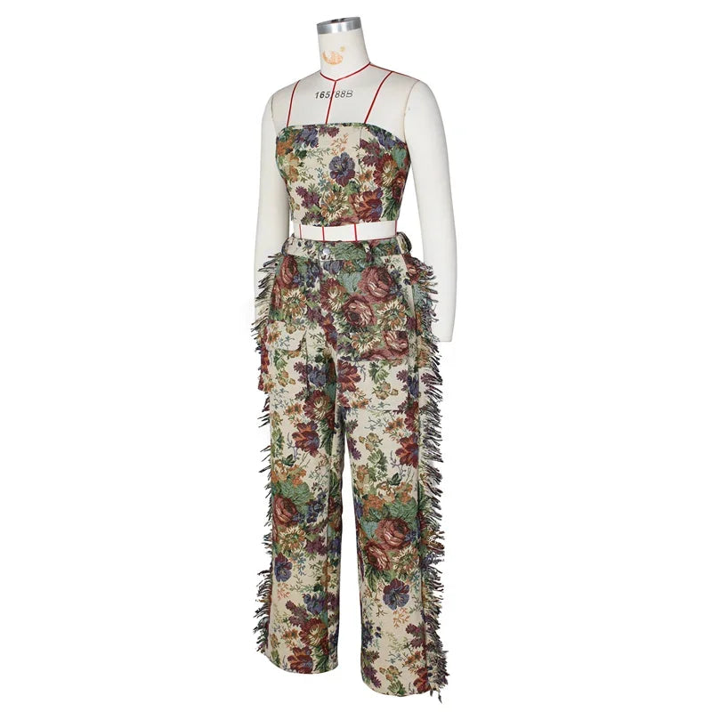 Floral Print Two Piece Set for Women with Strapless Crop Top and Side Tassel Wide Leg Pants for Y2K Birthday Parties