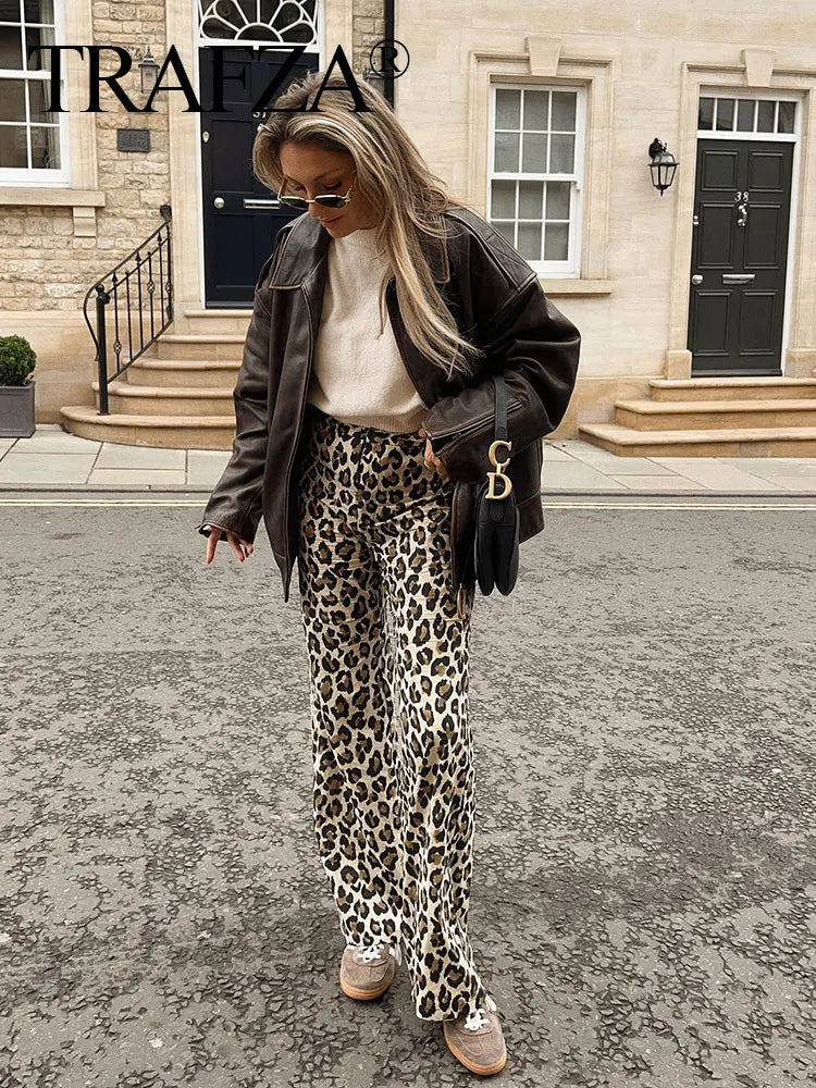 Leopard Print Wide Leg Pants for Women High Waist Slim Straight Long Trousers Fashionable Streetwear Bottoms
