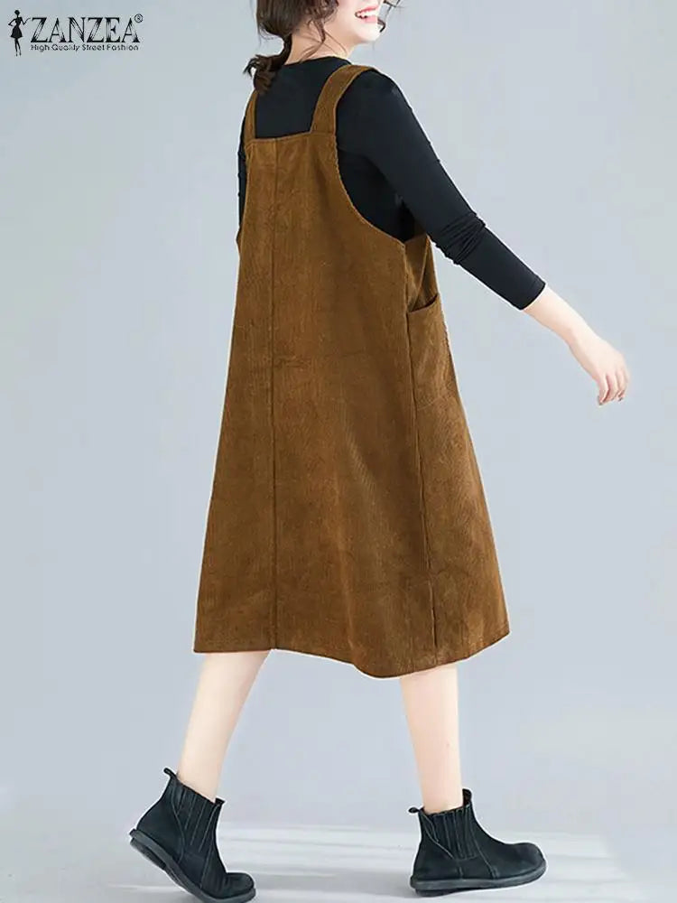Corduroy Overalls Dress Women With Pockets Sundress