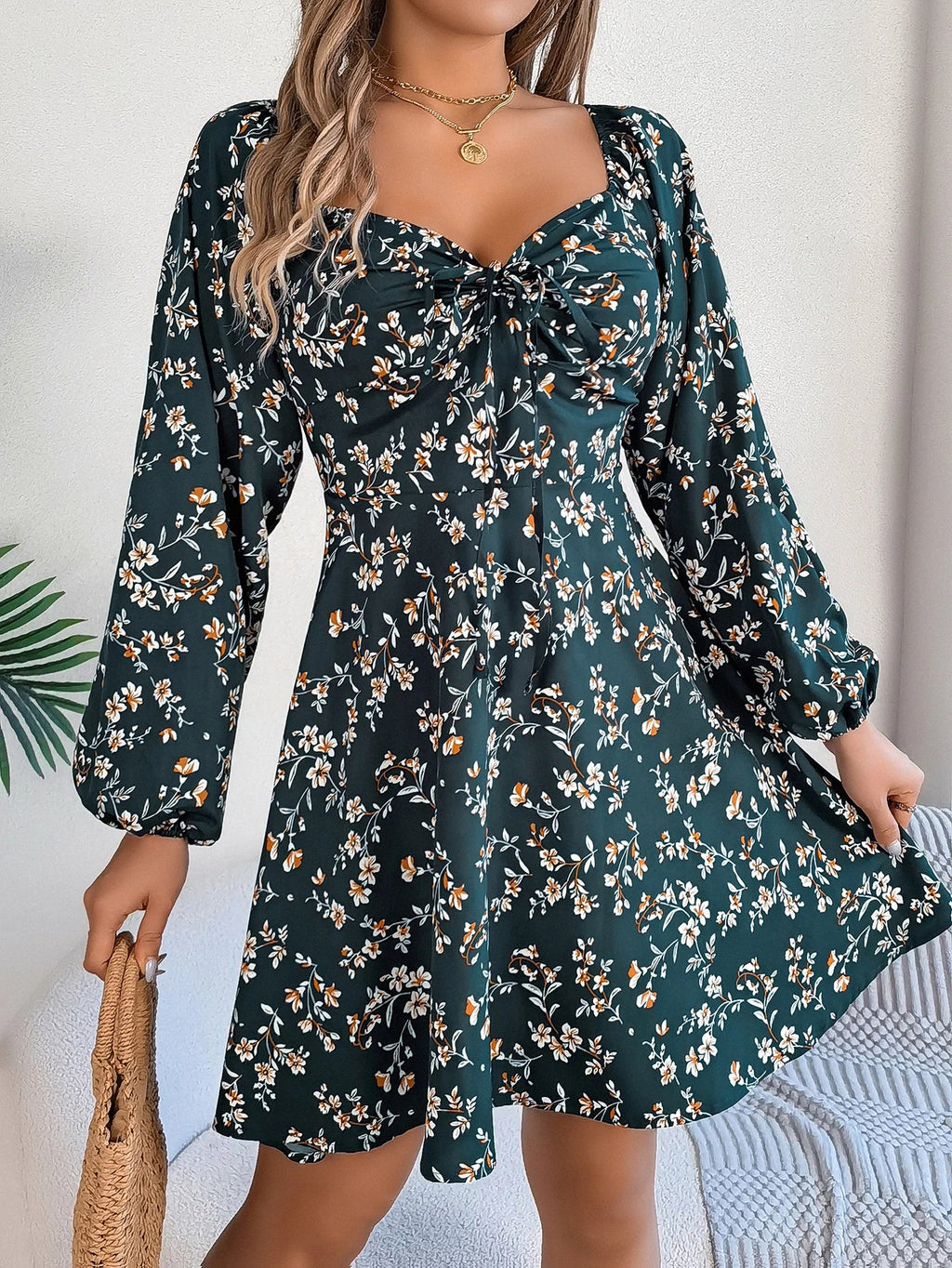 Floral Print Square Neck Dress With Long Sleeve Lace Up