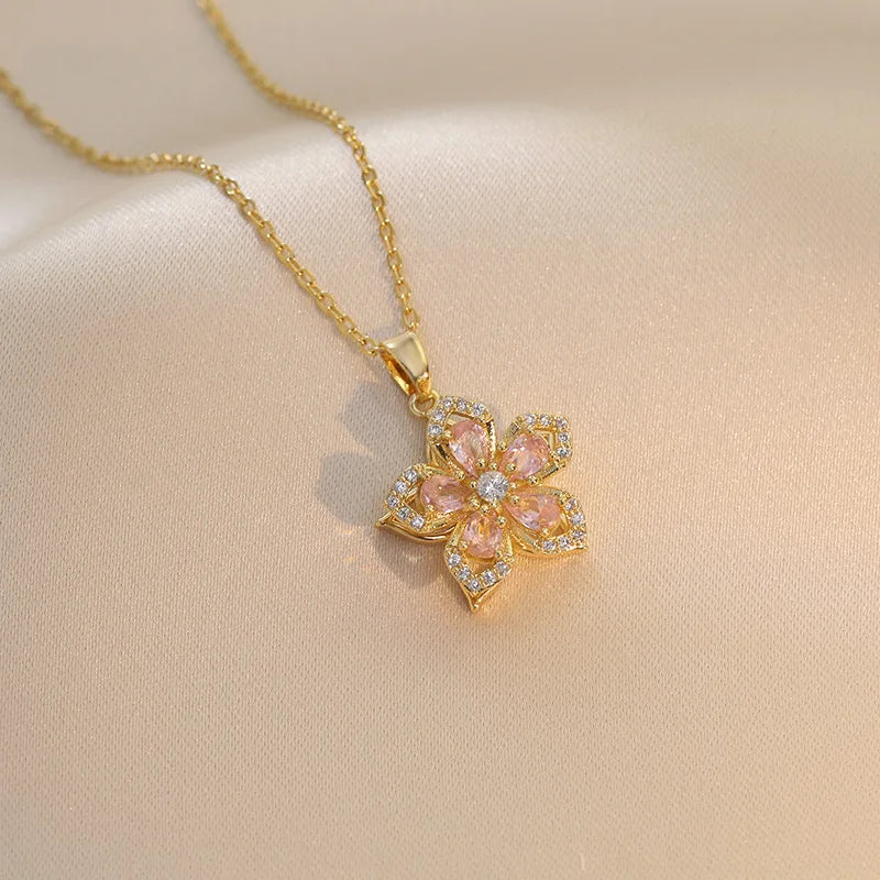 Gold Color Zircon Flower Pendant Necklace for Women Elegant Party Jewelry Gifts