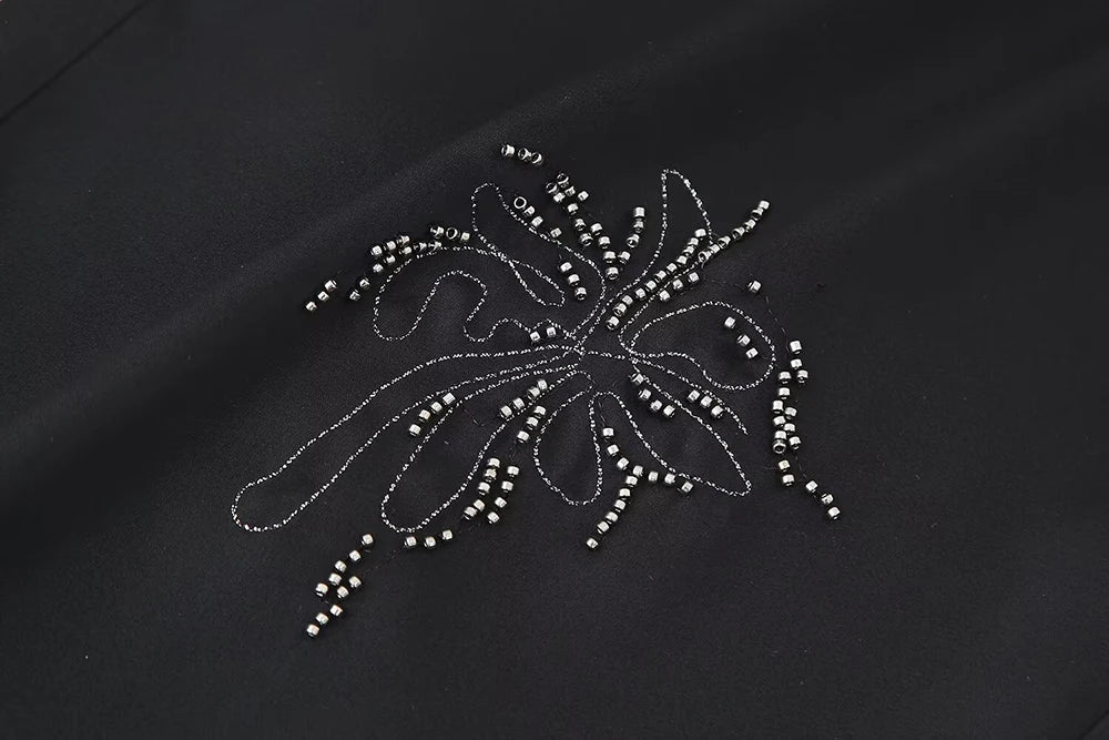 Women's Beaded Embroidery Long Sleeve Shirt and Loose Trousers Set with Lace Up Details