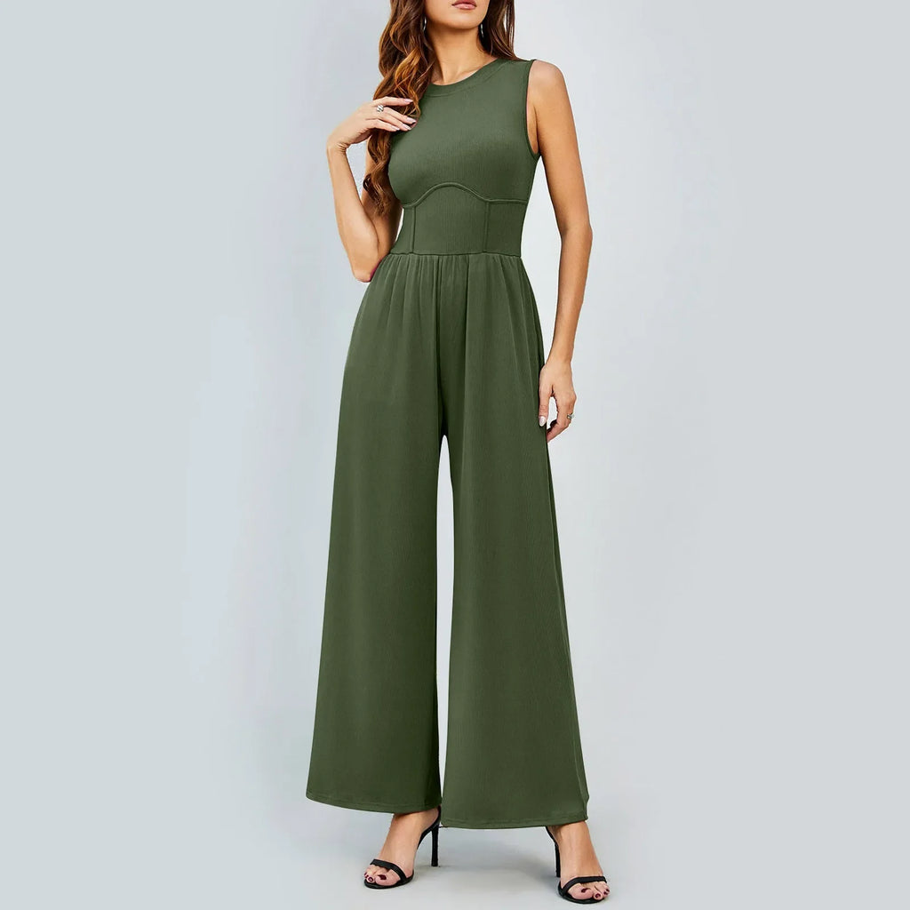 Women Sleeveless High Neck Ribbed Tank Top Jumpsuit Wide Leg Pants Romper with Tummy Control and High Waist Casual Summer Outfit