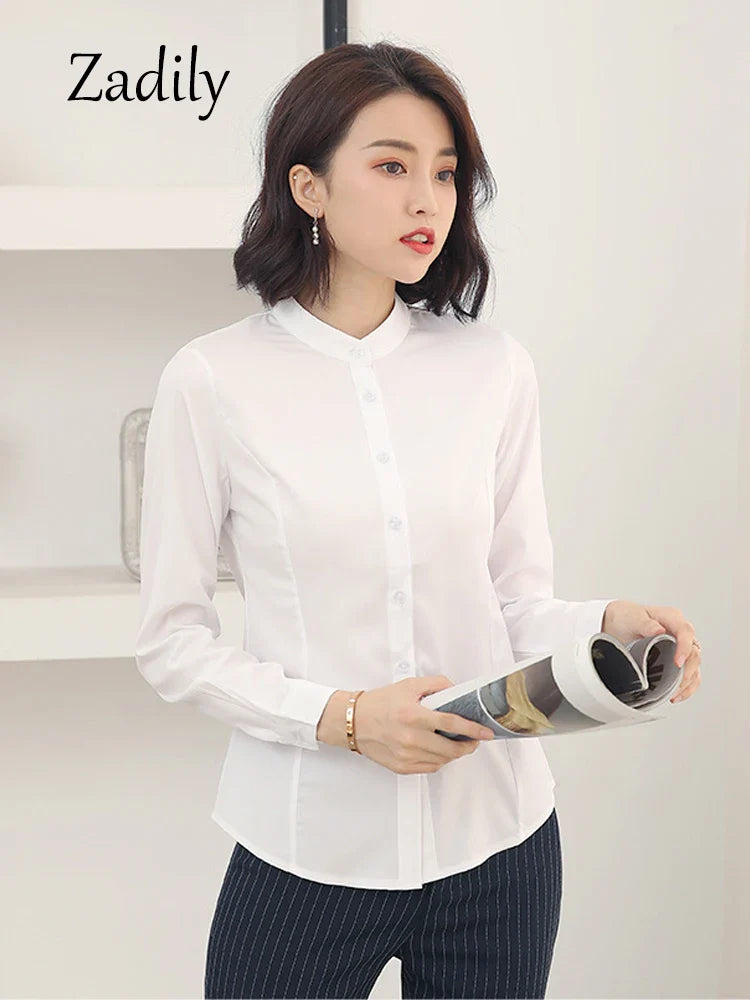 Women's Long Sleeve White Basic Shirt Blouse Stand Neck Tunic Button Up Office Work Top All Season