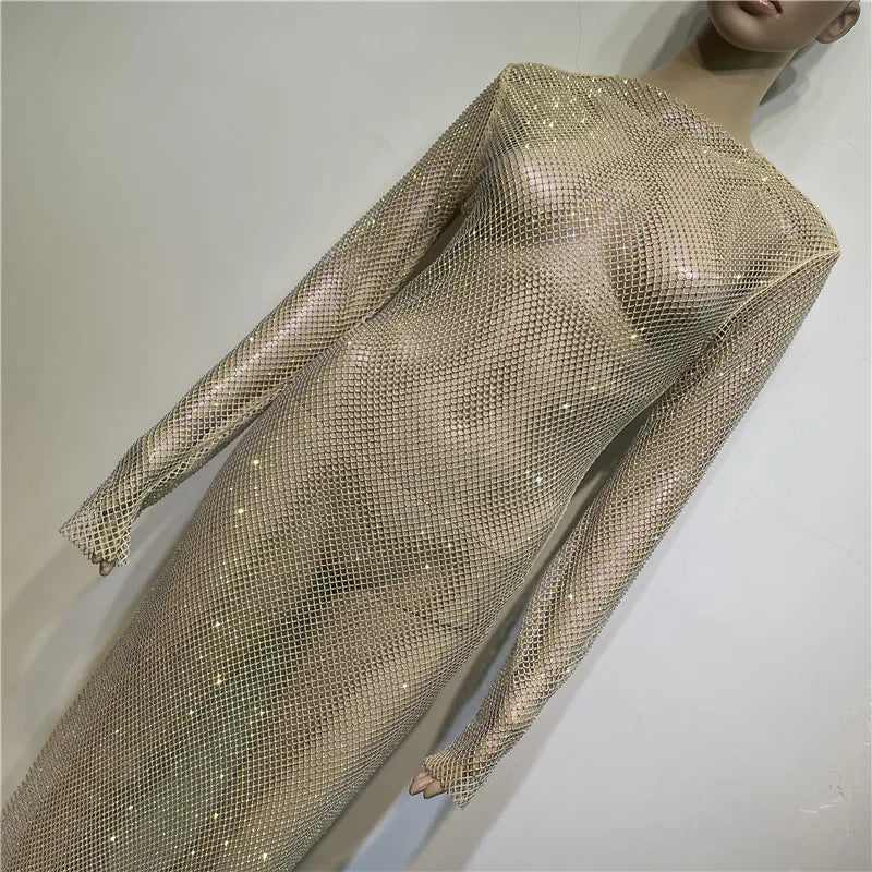 Rhinestone See Through Club Dress With Fishnet Details