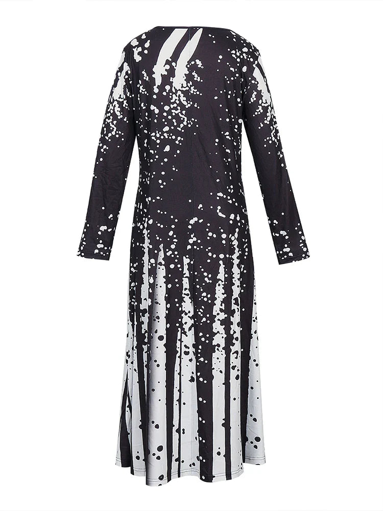 Womens Loose Maxi Dress Round Neck Long Sleeve Dot Pattern