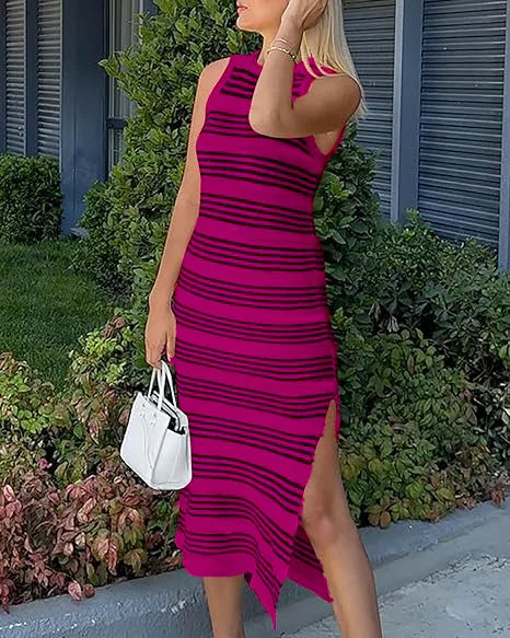 Casual Striped Knitted Midi Dress With Side Slit Summer