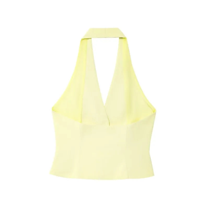 Double Pleat High Waist Trousers and V Neck Halter Waistcoat Two Piece Women's Fashion Outfit with Button Details