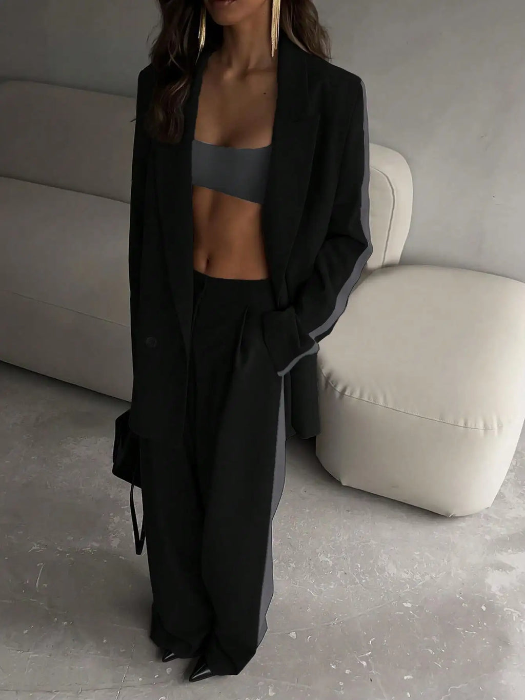 2 Piece Women's Business Suit Set with Contrast Color Blazer and Elastic Waist Straight Leg Pants for Elegant Office Style