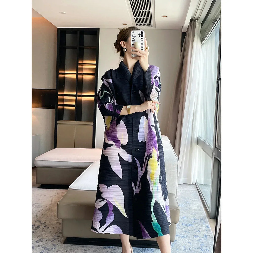 Printed Floral Midi Dress With Pleated Sleeves And Lapel