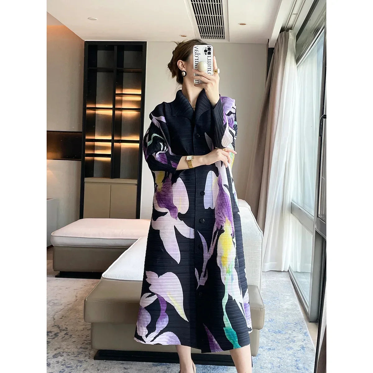 Printed Floral Midi Dress With Pleated Sleeves And Lapel